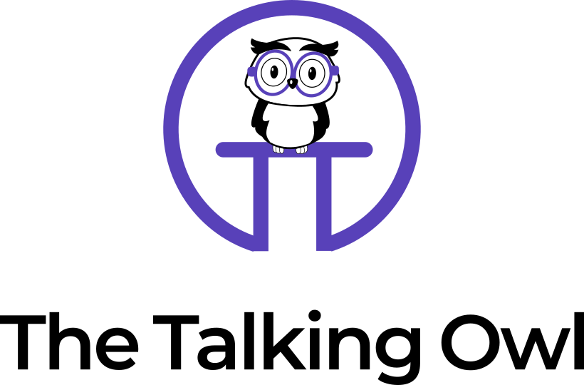 The Talking Owl Logo. A wide-eyed owl standing on two 
      letter t's surrounded by a circle in the form of letter o. 
      They form TTO which is The Talking Owl's acronym. The owl
      image is above the the words.